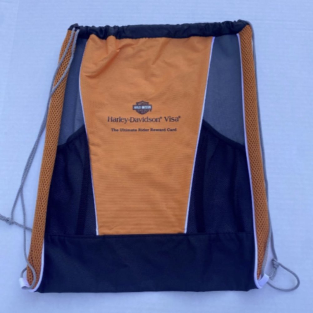 Harley Davidson VISA Black Orange Drawstring Bag Backpack Promotional Item EUC